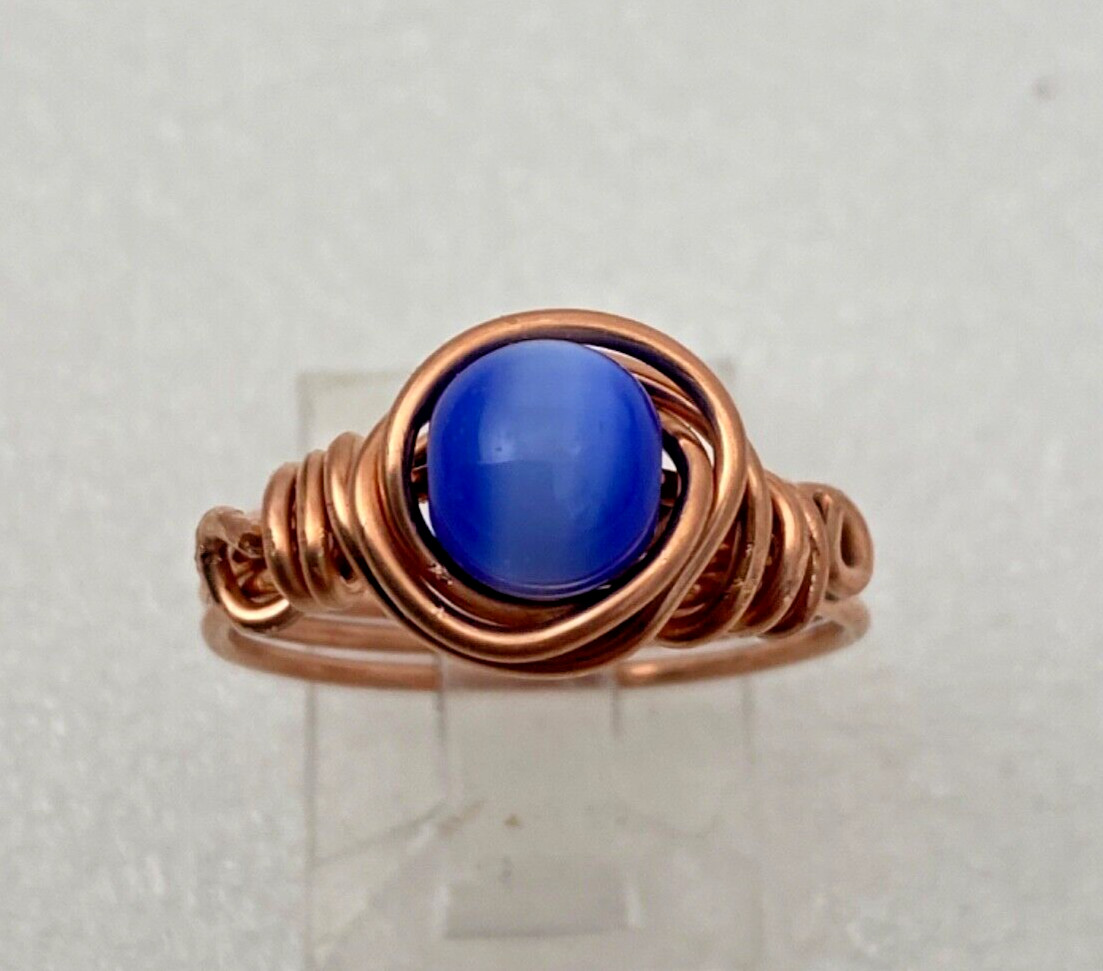 Handmade ~ Copper Wire Wrap 7mm Round Blue Cat's Eye Ring Size 9 1/2 #B245