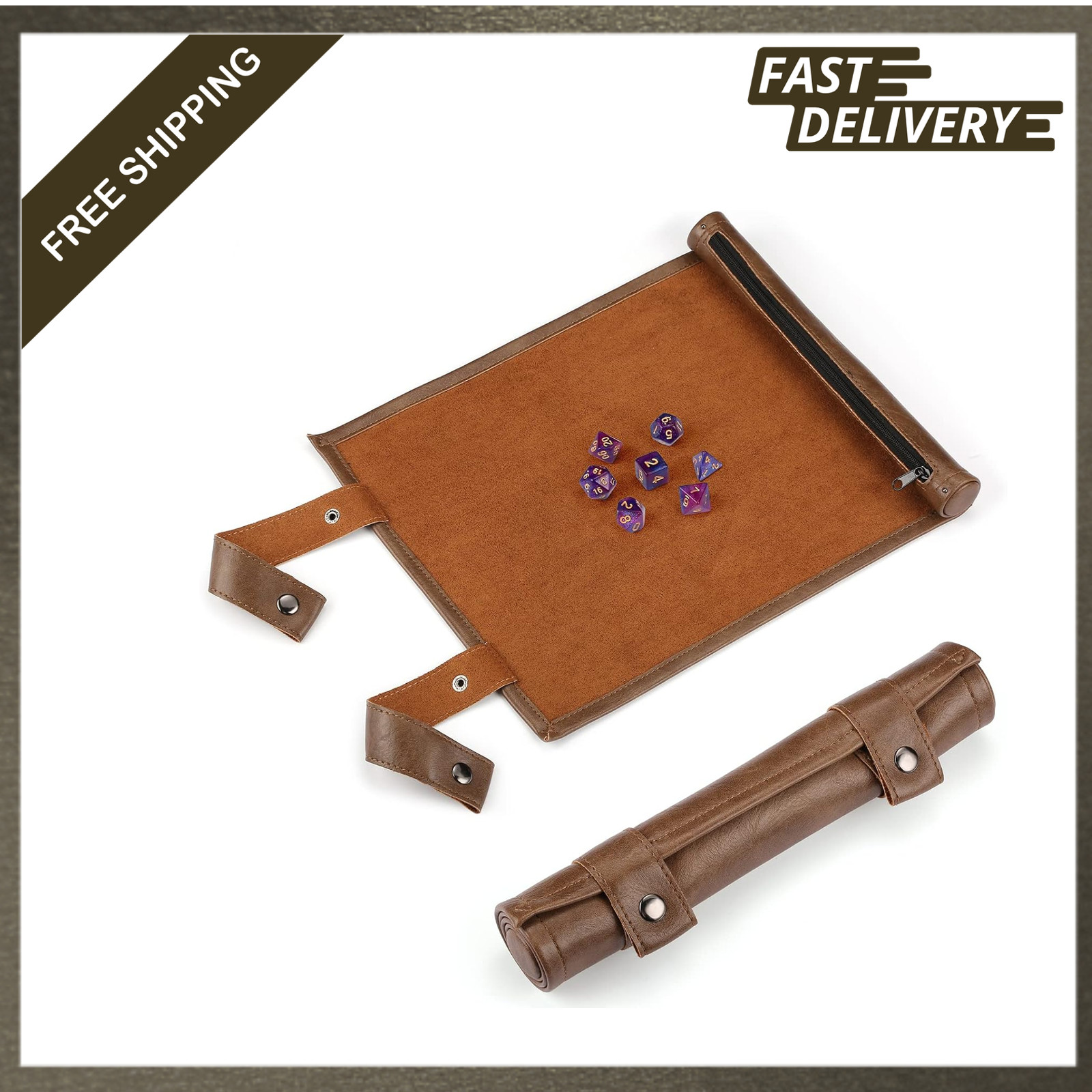 Dice Tray with Storage Leather Dice Rolling Mat DND Dungeons & Dragons Brown