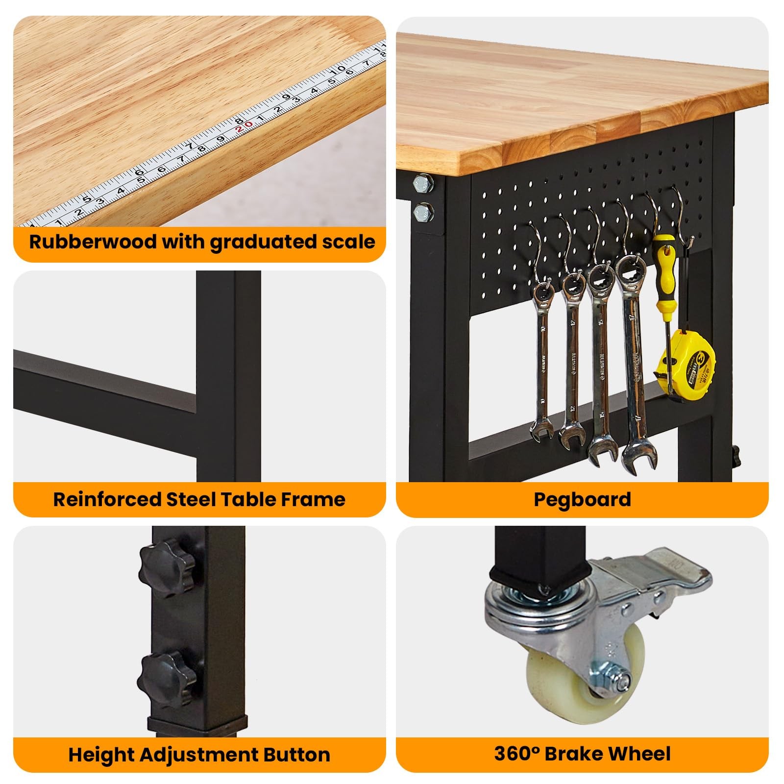 48" Adjustable Workbench w/ Wheels & Pegboard, Work Table for Garage, Workshop