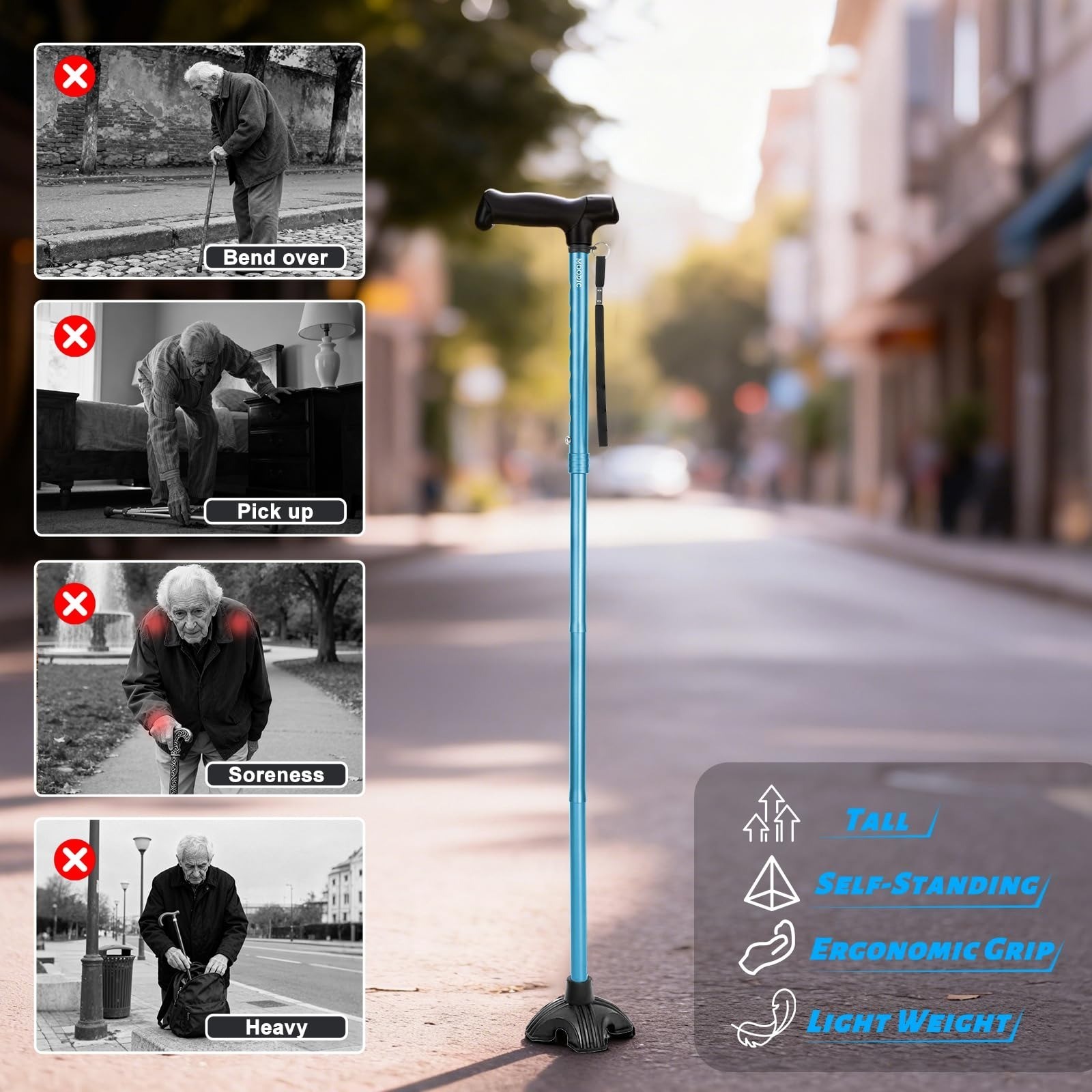 MOODIC Extra Tall Walking Cane, 300 lbs Capacity, Adjustable Height, Blue