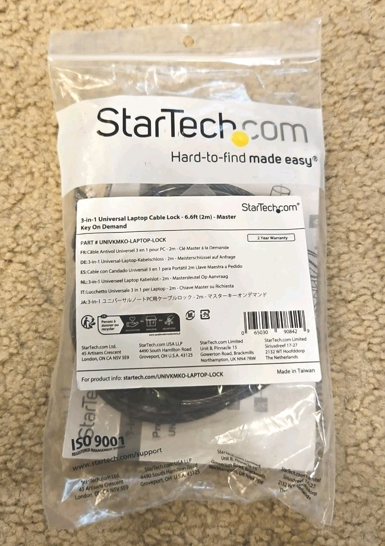 StarTech.com 3-in-1 Universal Laptop Lock 6.6ft, Master Keyed Locking Cable