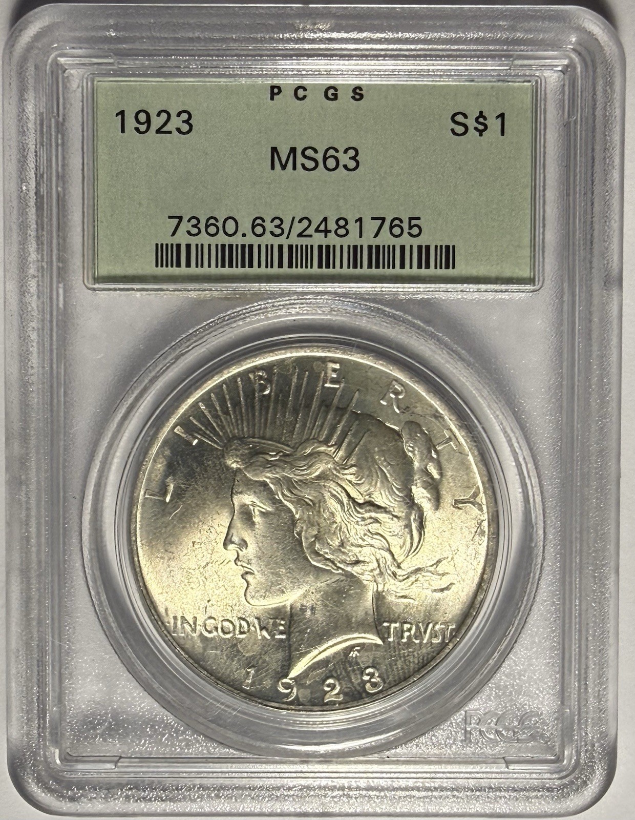 1923 Peace Dollar $1 PCGS MS63 ‼️IN OGH & STRONG CARTWHEEL LUSTER‼️