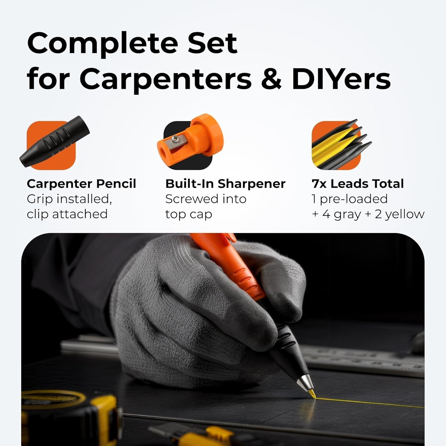 Professional 3-in-1 Carpenter Pencil - Fine Point, 7 Leads, Retractable Design