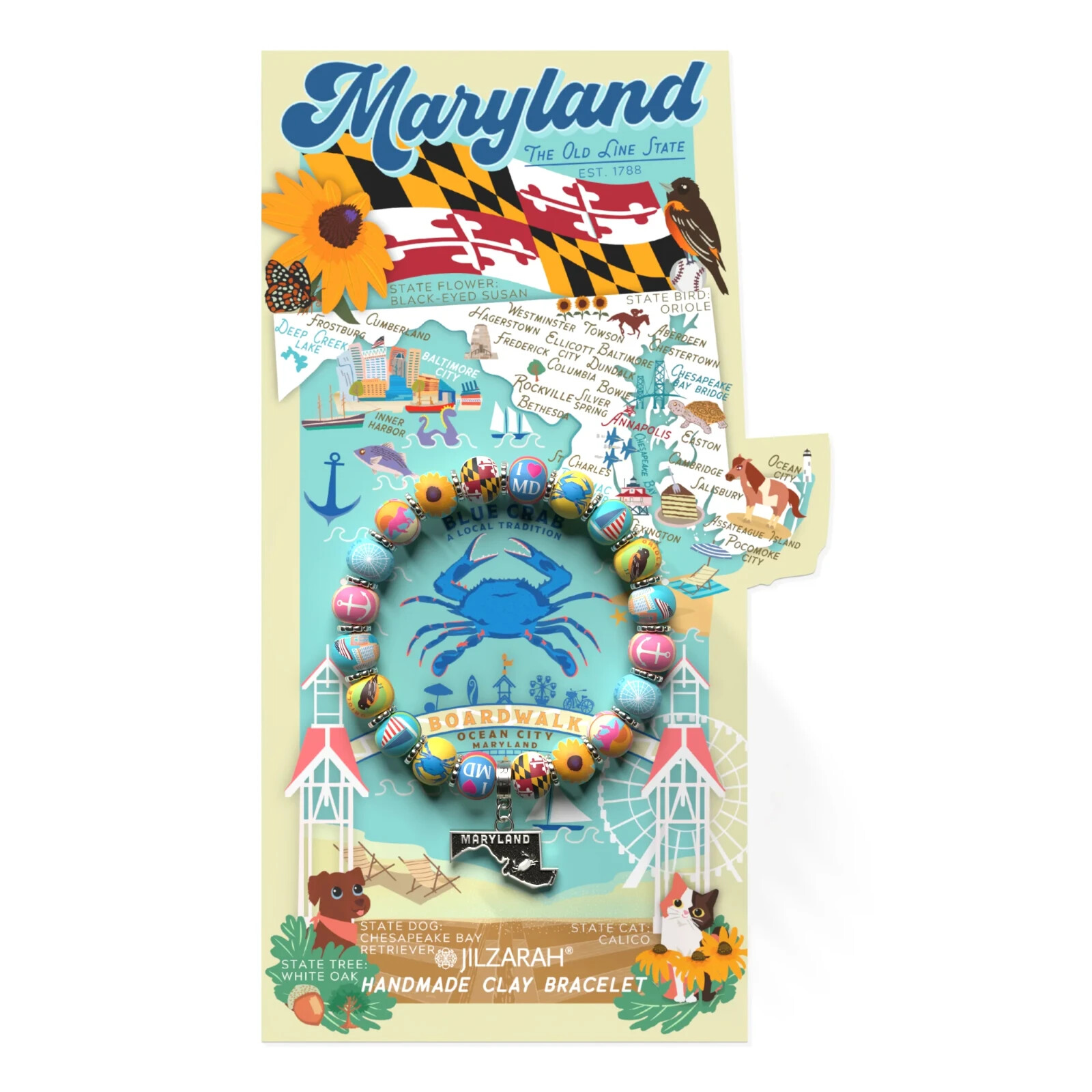 NEW JILZARAH Clay Beads DESTINATION STATE MARYLAND Multi color 8mm Bracelet