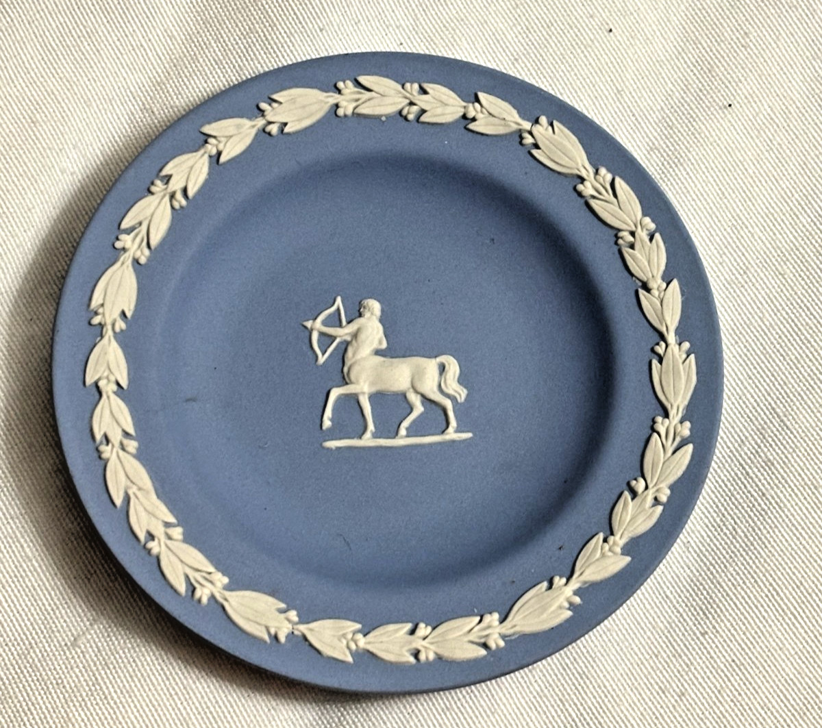 Wedgewood Sagittarius Themed Pin Dish WHite Relief on Blue, Stamped
