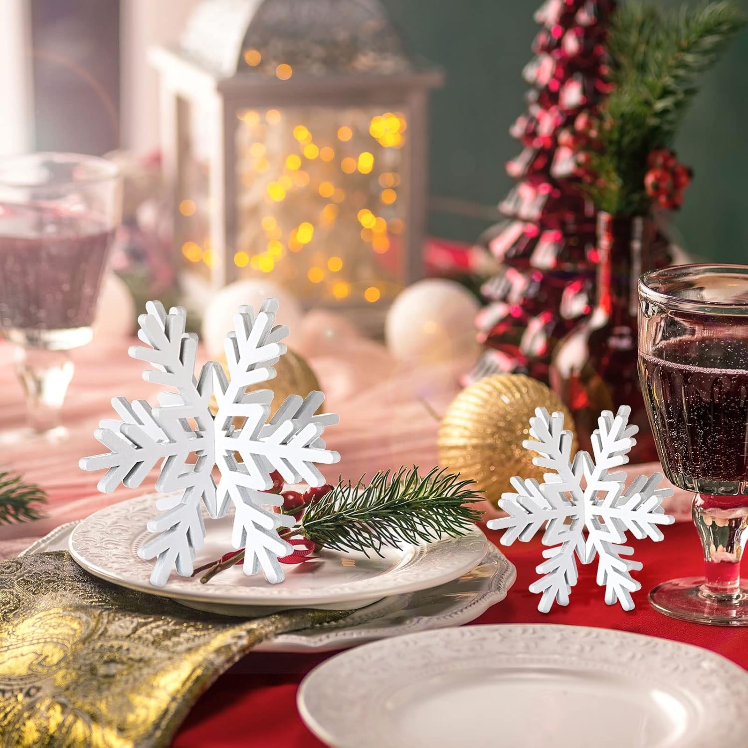 12 Pc Wooden Snowflake Table Decor White