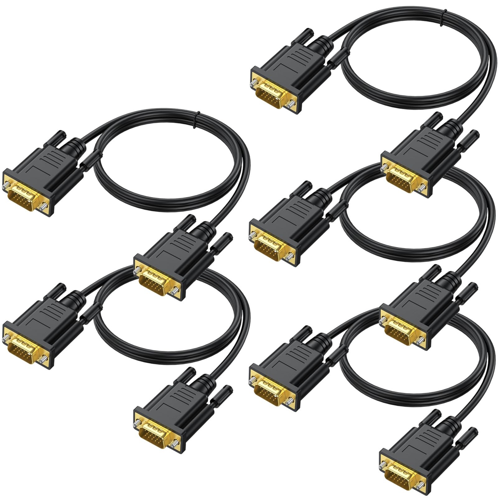 5-Pack 6ft VGA Monitor Computer Cable 1080P 15-Pin Male to Male Shielded