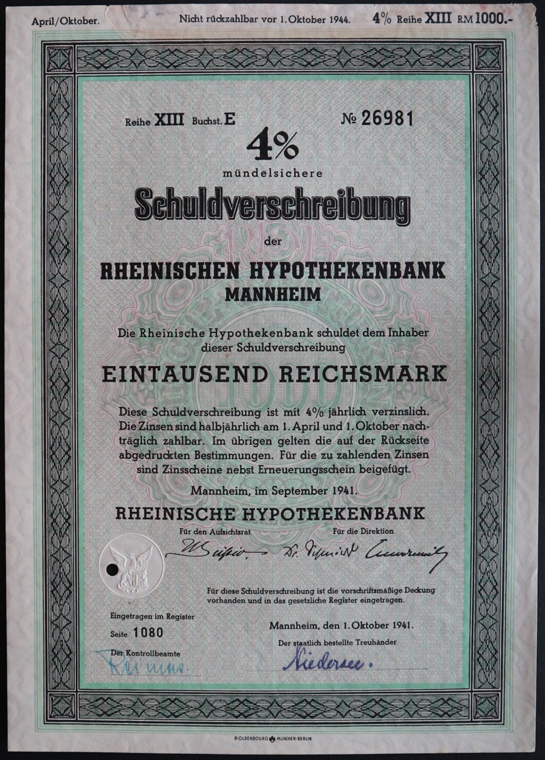1000 Reichsmark 1941 - Series: 26981 - Germany Loan Bond -  "Y74