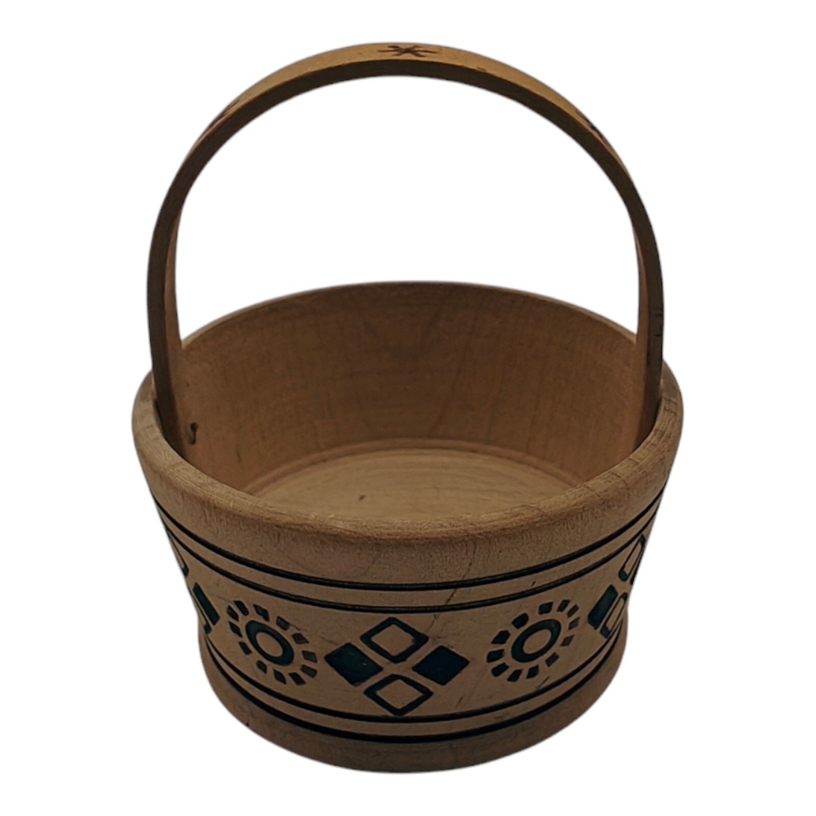 Miniature Wooden Basket Handmade Geometric Pattern Boho Folk Art