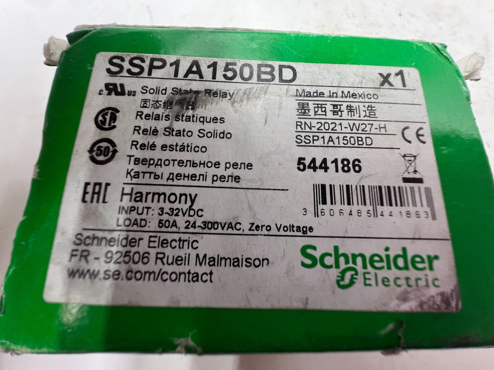 Schneider Electric SSP1A150BD Solid State Relay Panel Mount 50A 300VAC / 3-32VDC