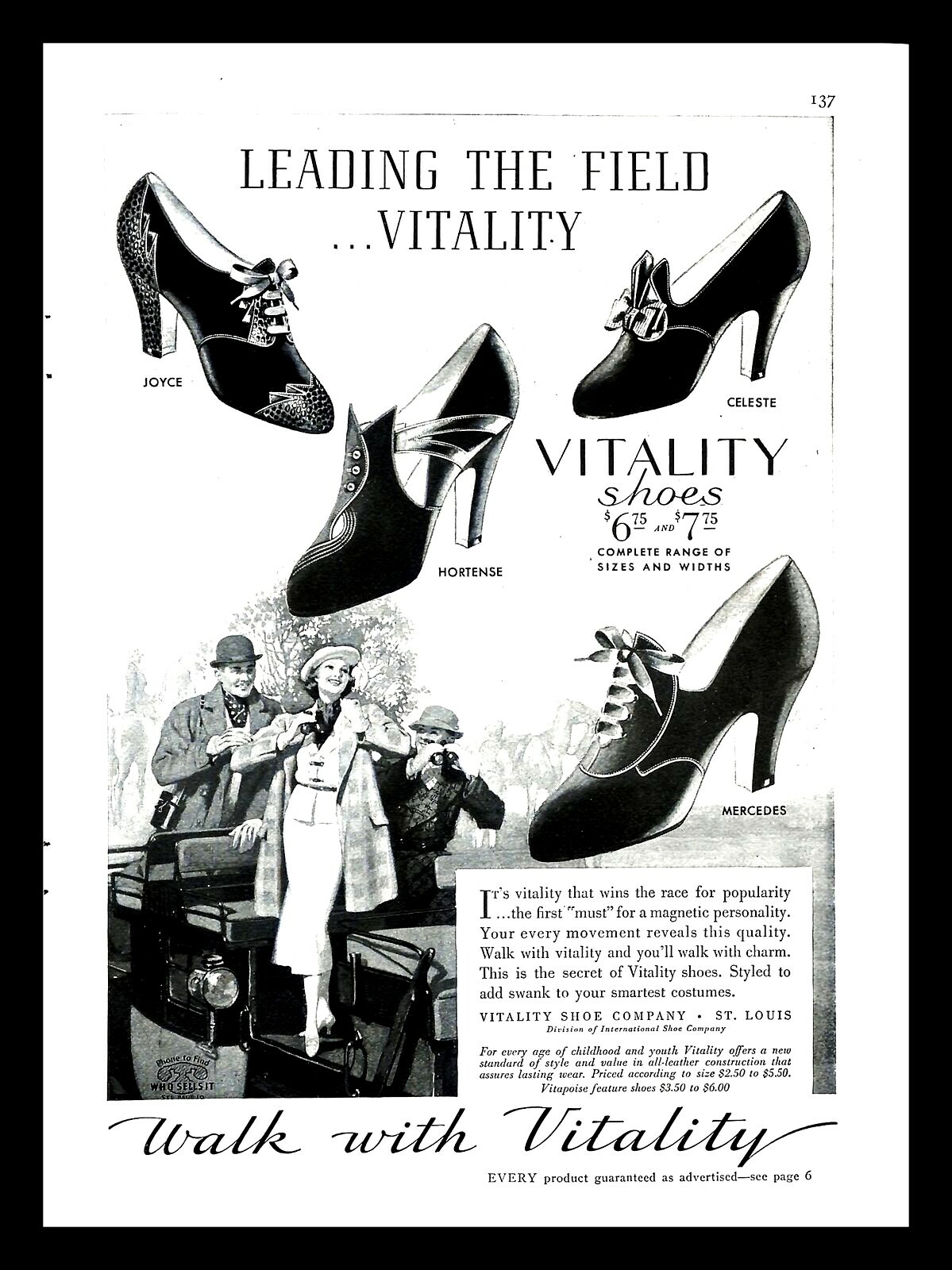 1937 Vitality Shoe Company Vintage PRINT AD Woman Charm Fashion Horses 1930s