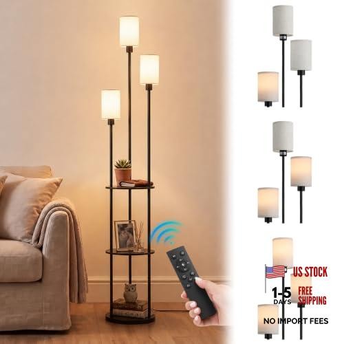 70.9" 3-Light Floor Lamp with Shelves, LED Bulbs, Each Head Independently