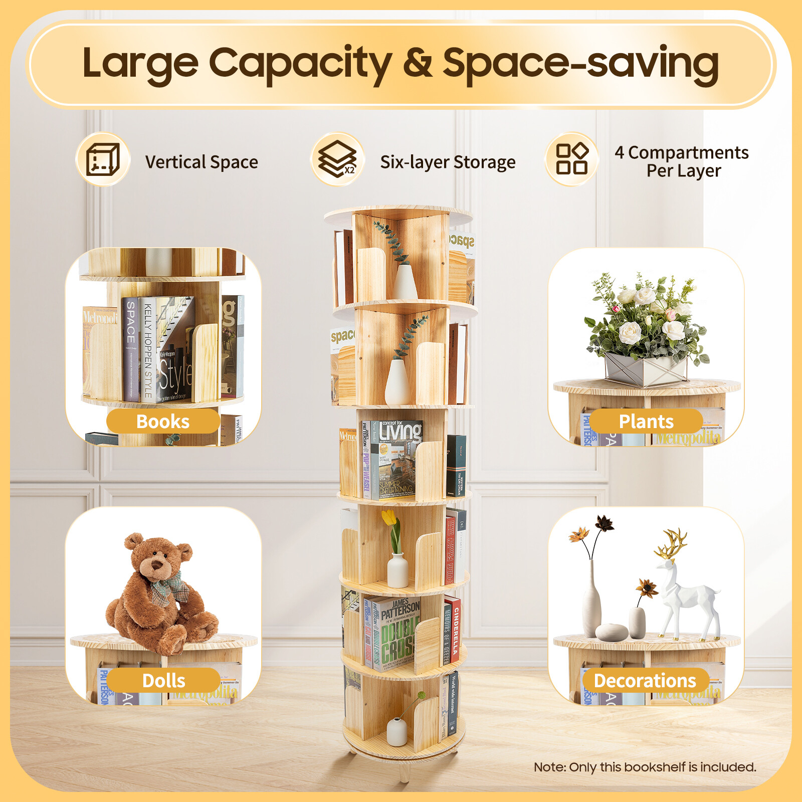 6 Tier 360° Rotating Bookshelf Display Stand Bookcase Floor Stand Storage Rack