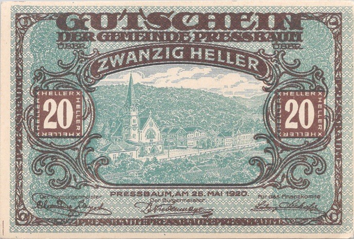 Austria Notgeld Pressbaum 20 Heller 1920 Vintage Paper Money Banknote VF