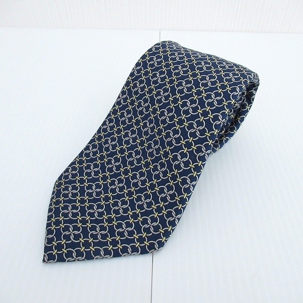 Hermes Tie Navy Gray Yellow Silk Allover Ring Made in France Excellent