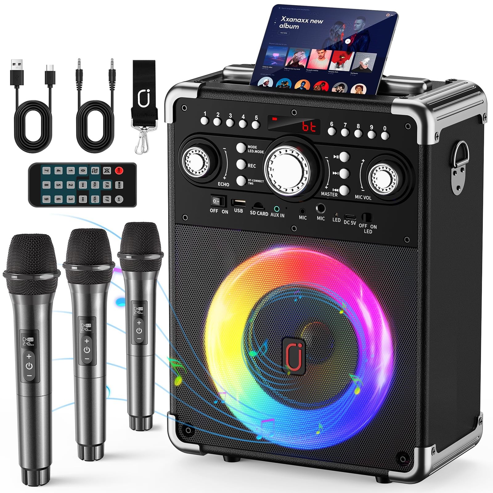 Karaoke Machine, Portable Bluetooth 5.3 Speaker with 3 Wireless Microphones f...