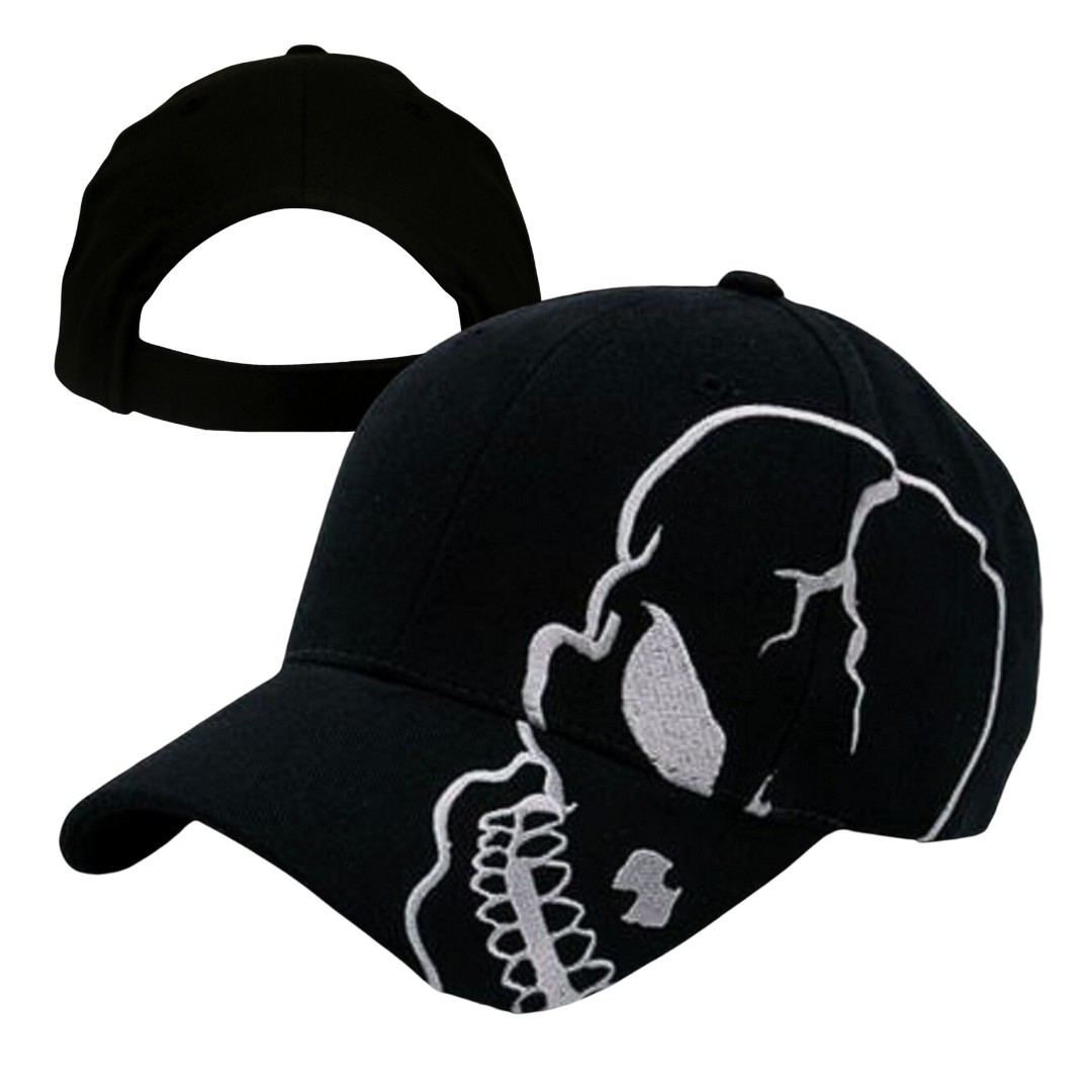 Black Gray Skull Skeleton Biker Hat – Skateboard Military Gothic Baseball Cap