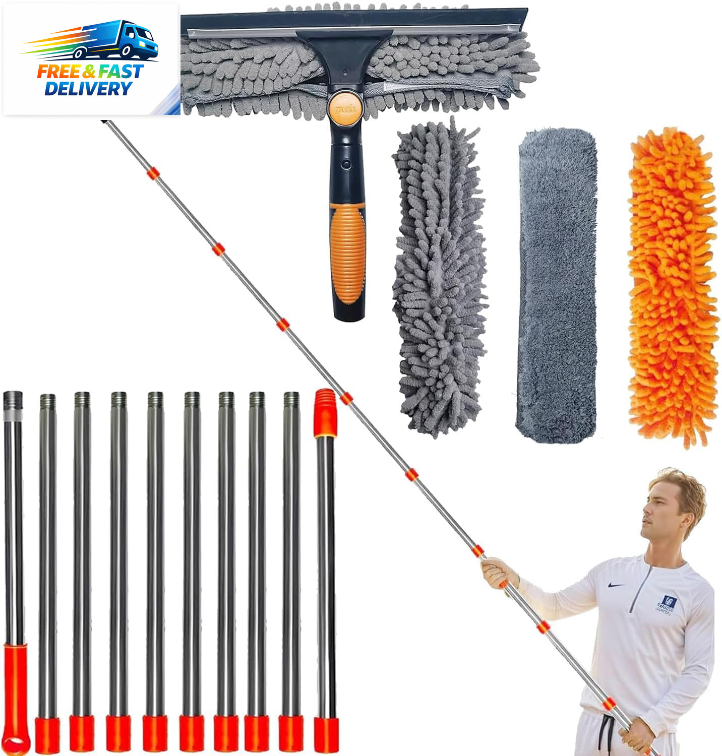20 Ft+ Reach Squeegee Window Cleaner Duster 2 in 1 Rotatable Window Cleaning Too