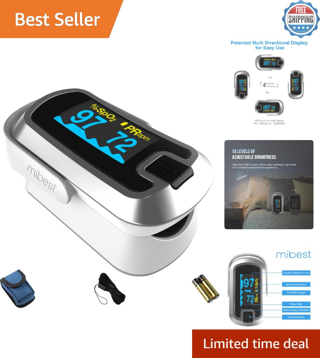 Luxury Dual Color Pulse Oximeter with Adjustable Brightness for All Ages
