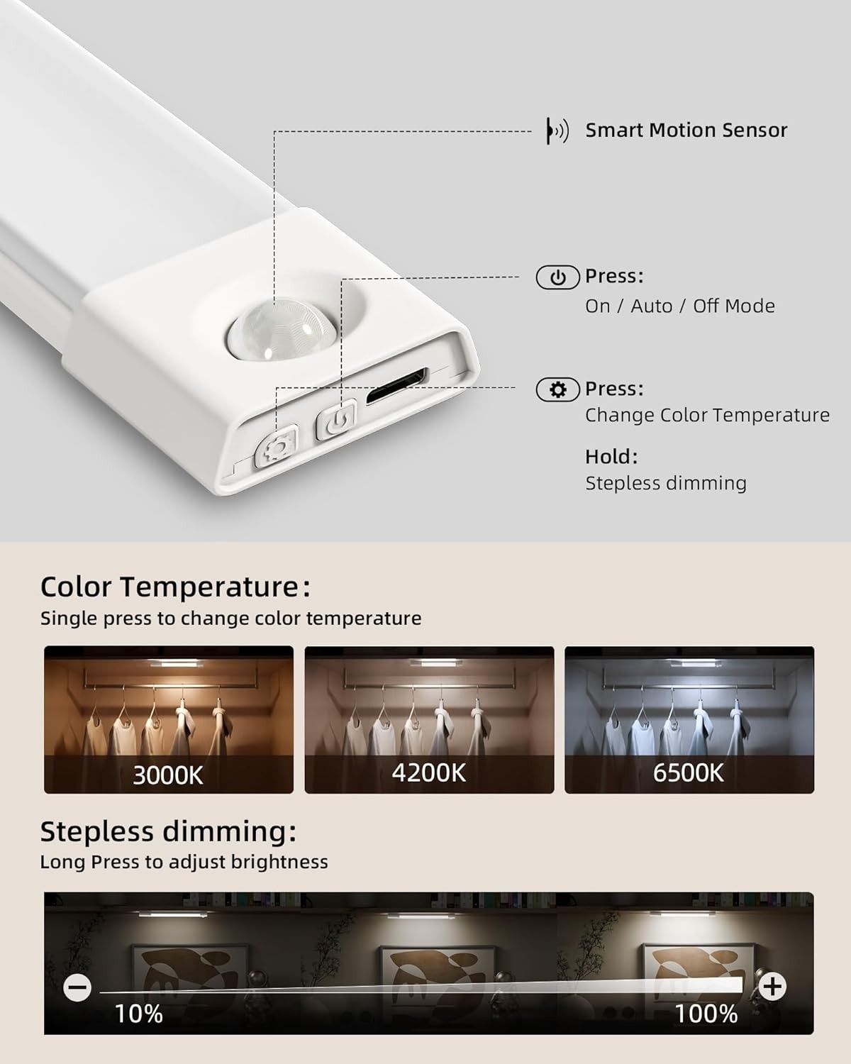 3 Pack 7” Motion Sensor Light Indoor, Wireless Under Cabinet Lighting, 30