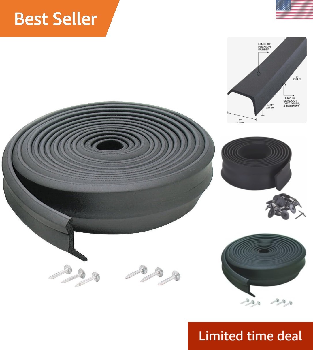 Cut-To-Length Garage Door Bottom Seal - 9ft Durable Rubber with Nails Included