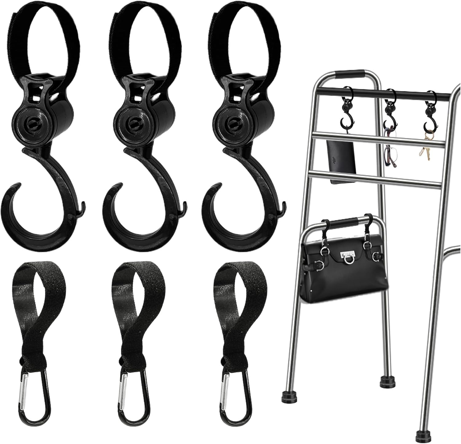 6PCS Walker Rollator Wheelchair Stroller Hooks 360 Rotation Bag Hanger Clips
