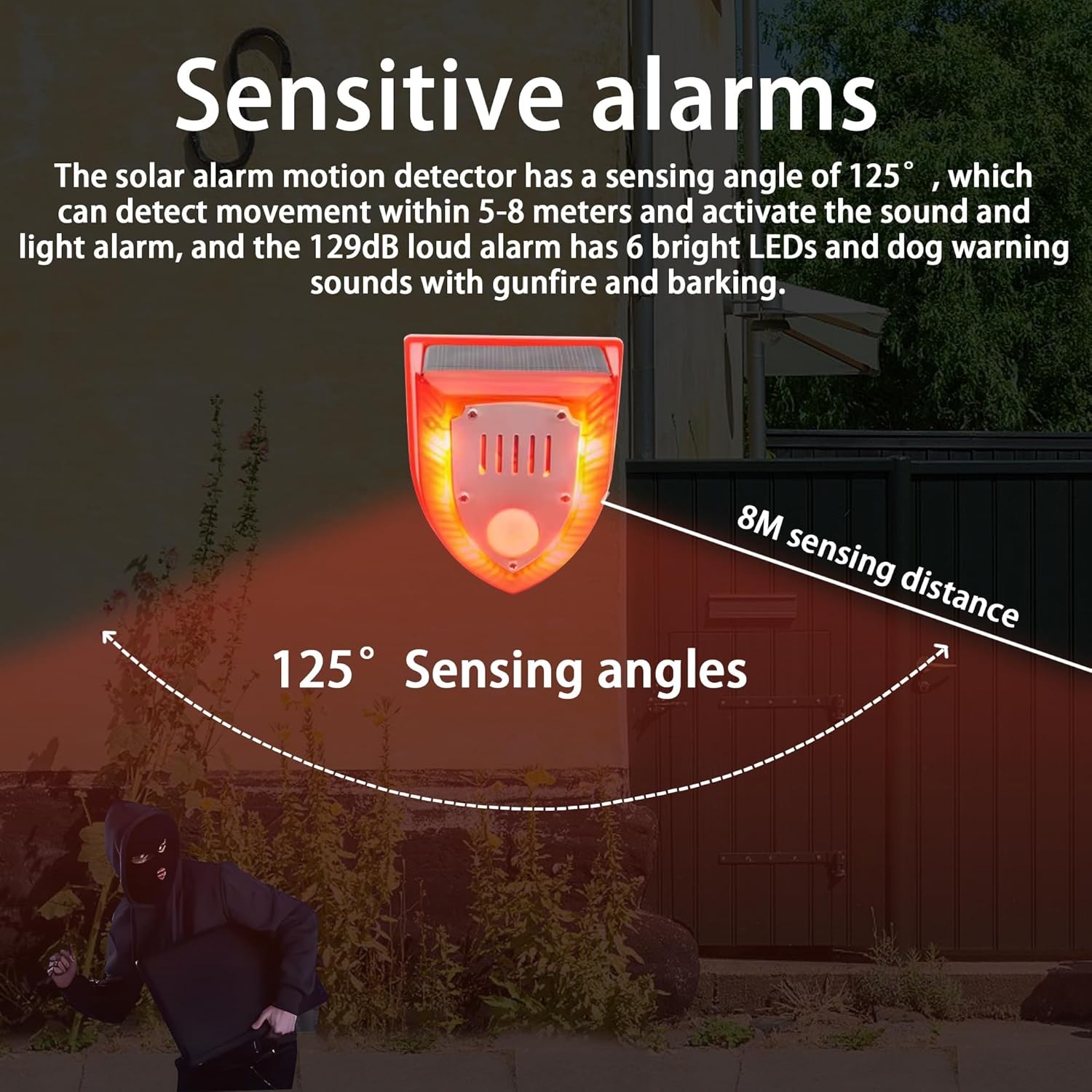 6pcs Solar Outdoor Motion Sensor Alarm 129db Barking Gunshot Sound Motion Sensor
