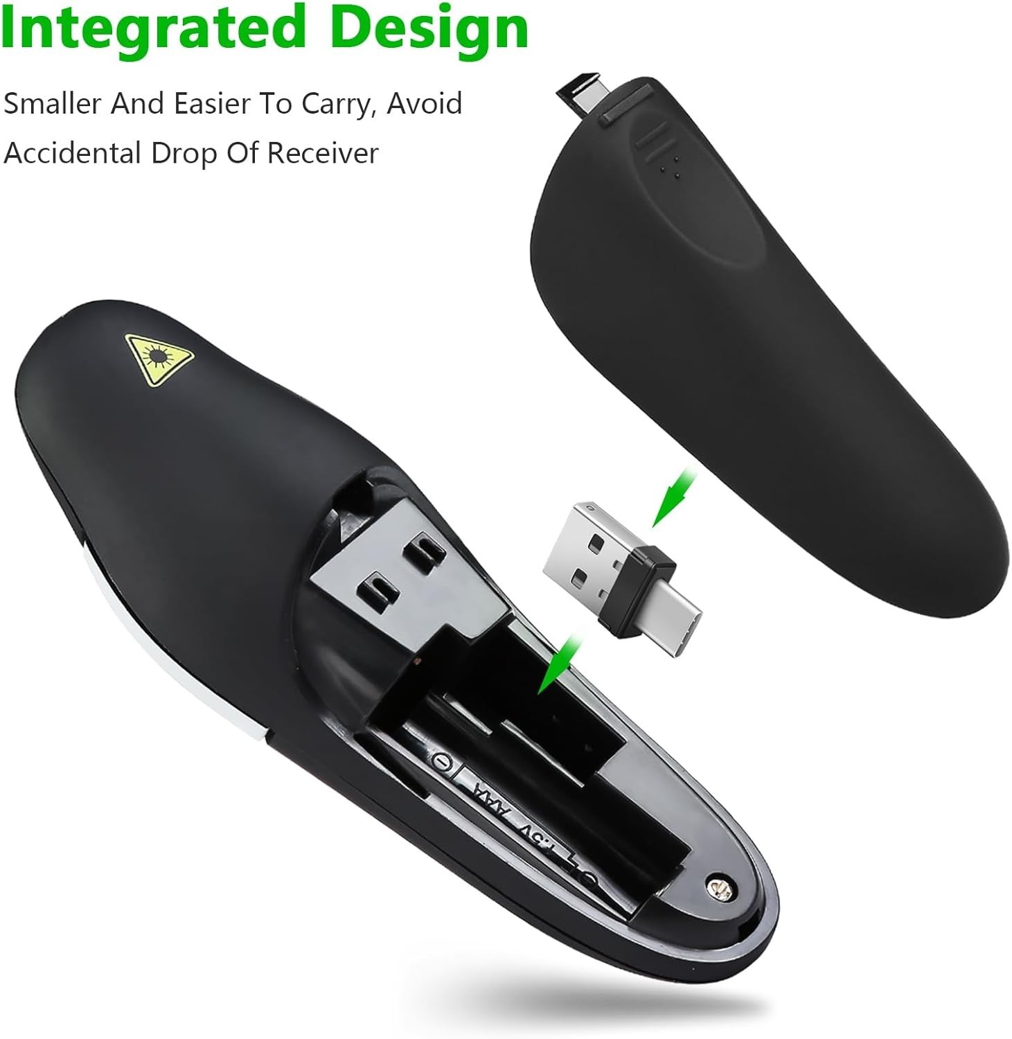 Ergonomic 2-in-1 USB & Type C Wireless Presenter - 100m Range, PowerPoint Ready