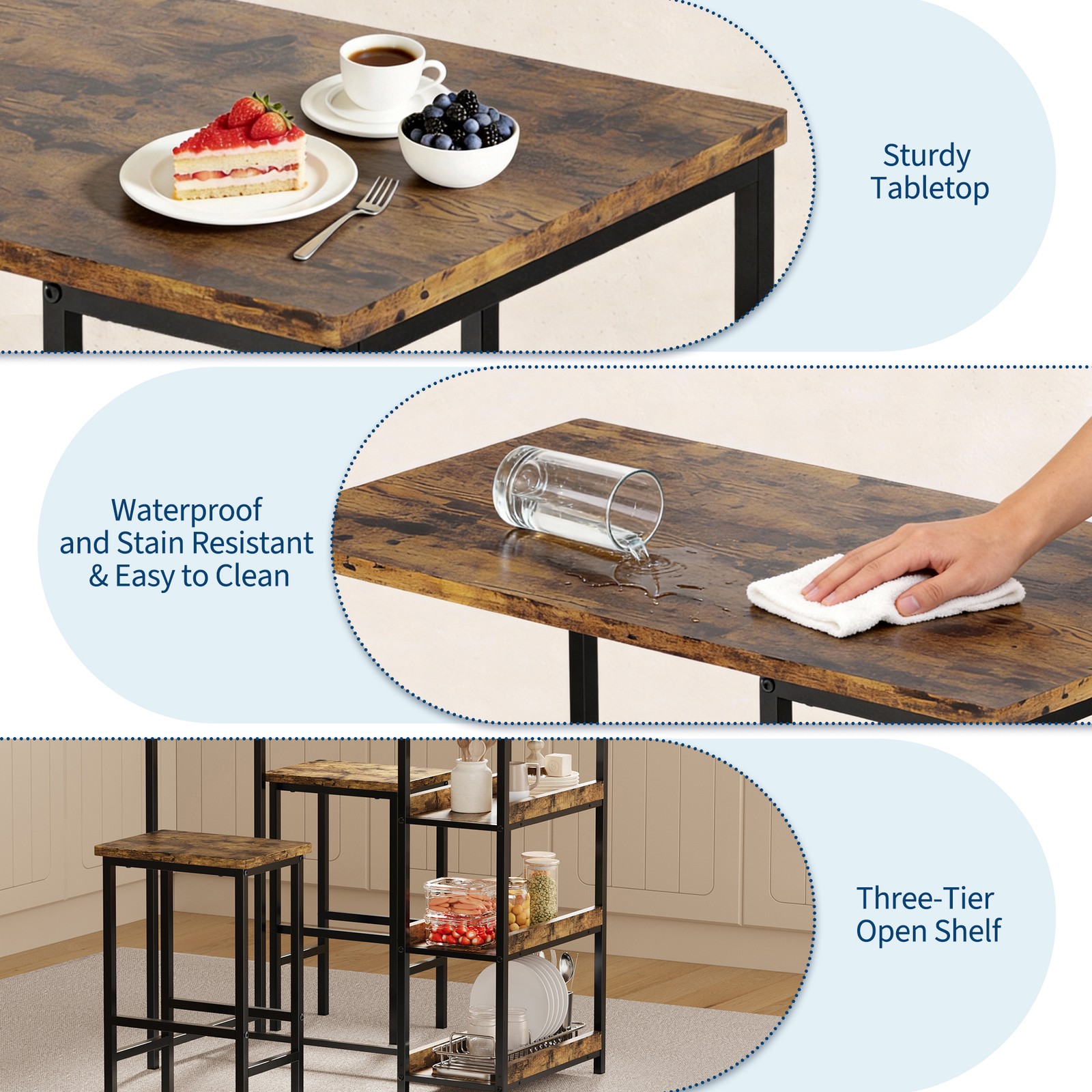 3-Piece Kitchen Table Set with Storage Shelves & 2 Bar Stools for Small Spaces