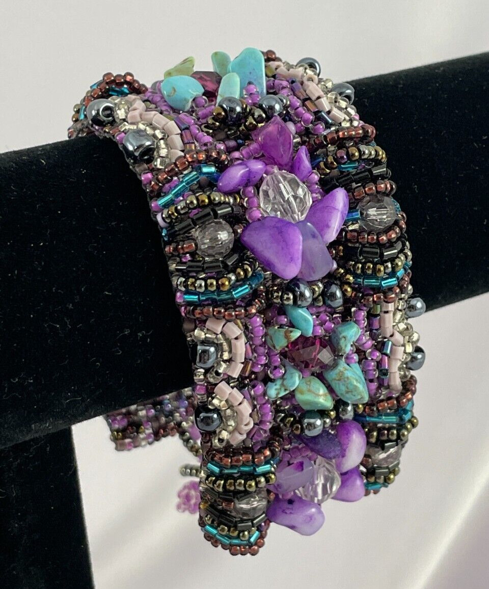 Artisan Woven Bead Bracelet Turquoise Chips Purple Dyed Agate Chips Glass Beads
