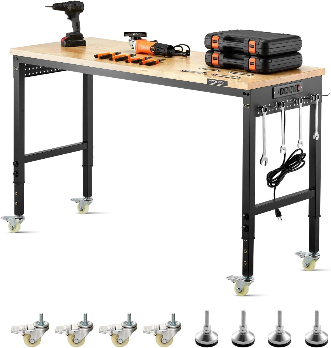 Adjustable Workbench, 60 Inch Work Bench with Power Outlet, Wheels, and Pegboard