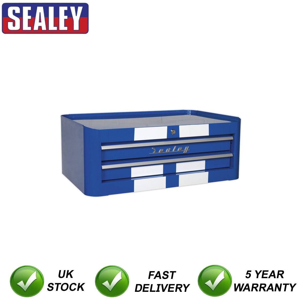 Sealey Premier� Retro Style Mid-Box Tool Chest 2 Drawer Blue with White Stripes
