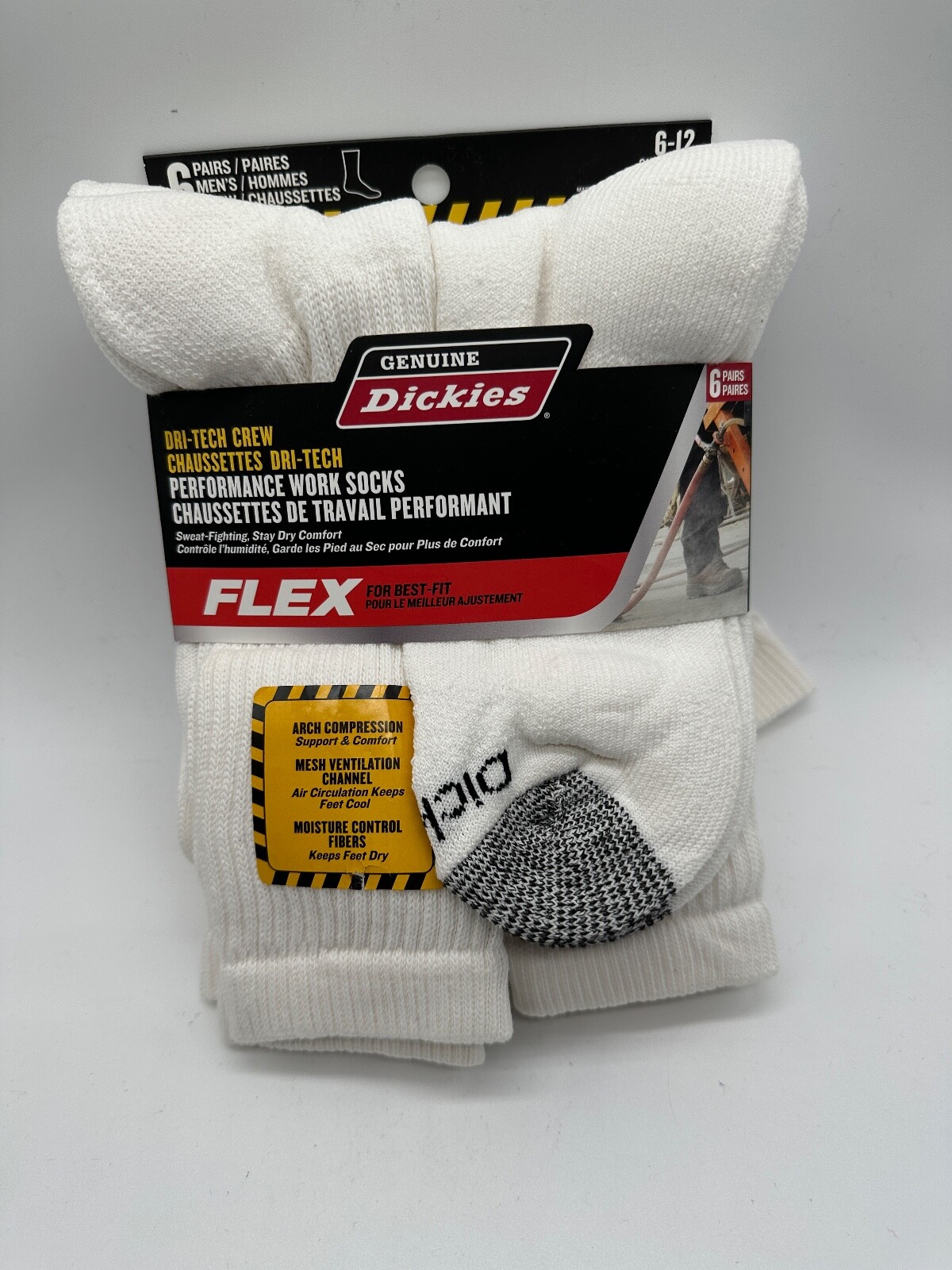 NEW 6 PAIR PACK DRI-TECH CREW GENUINE DICKIES MENS FLEX PERFORMANCE WORK SOCKS