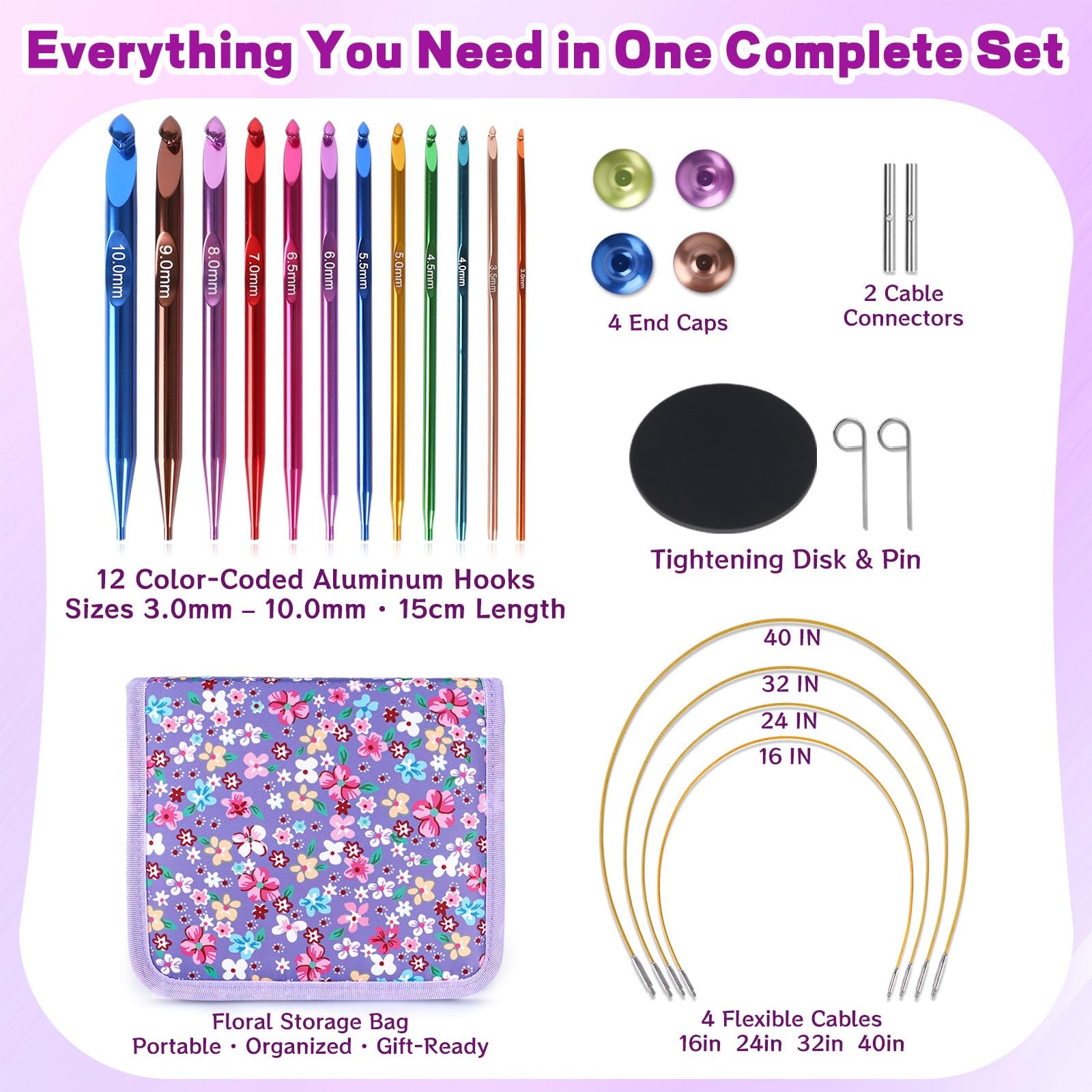 Interchangeable Tunisian Crochet Hooks Set – 12 Sizes (3.0–10mm) Aluminum Cro...