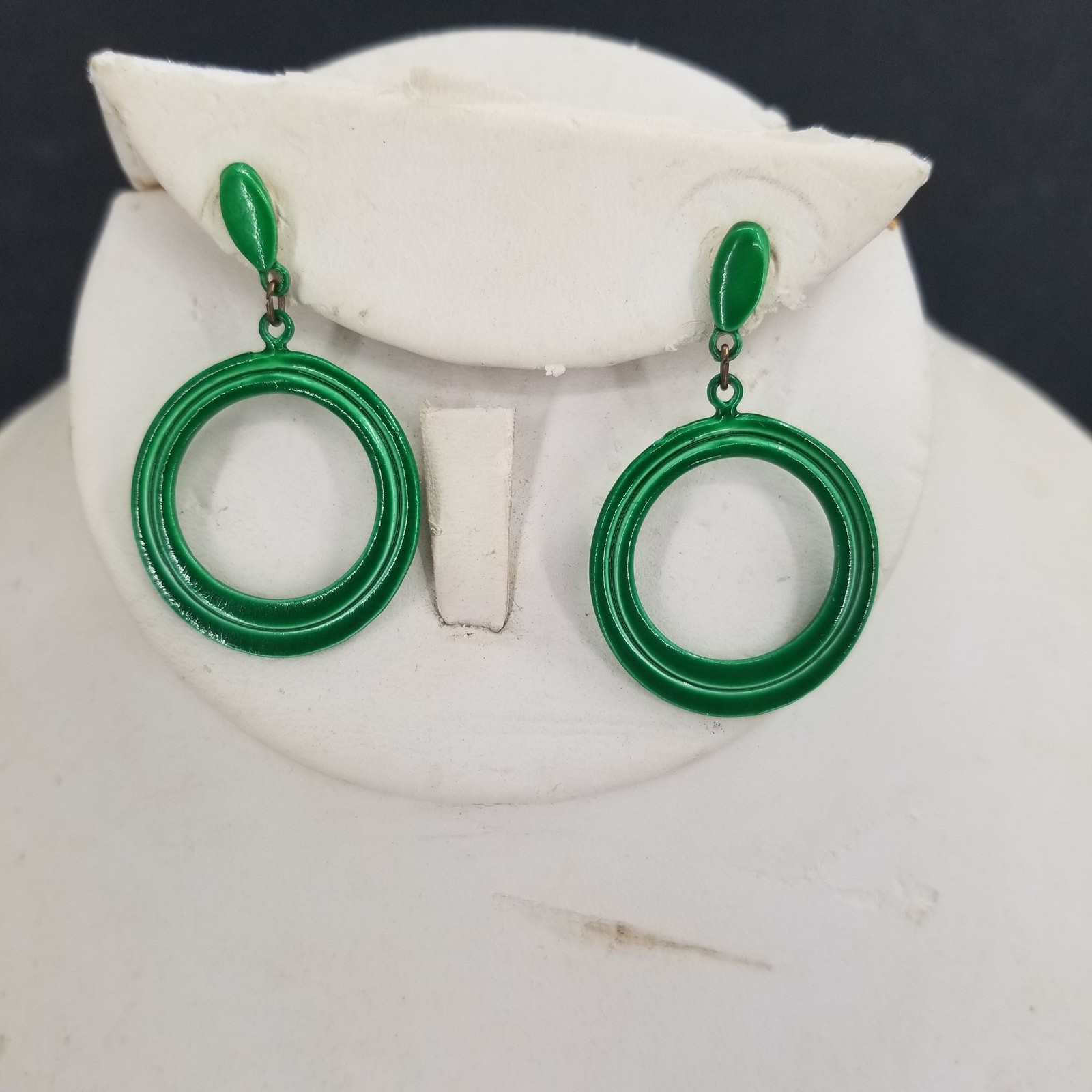 Vintage Green Painted Metal Dangle Post Earrings Costume Jewelry
