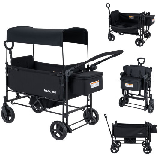 Foldable Wagon Stroller For 2 Kids Removable Canopy Adjustable Push Handle