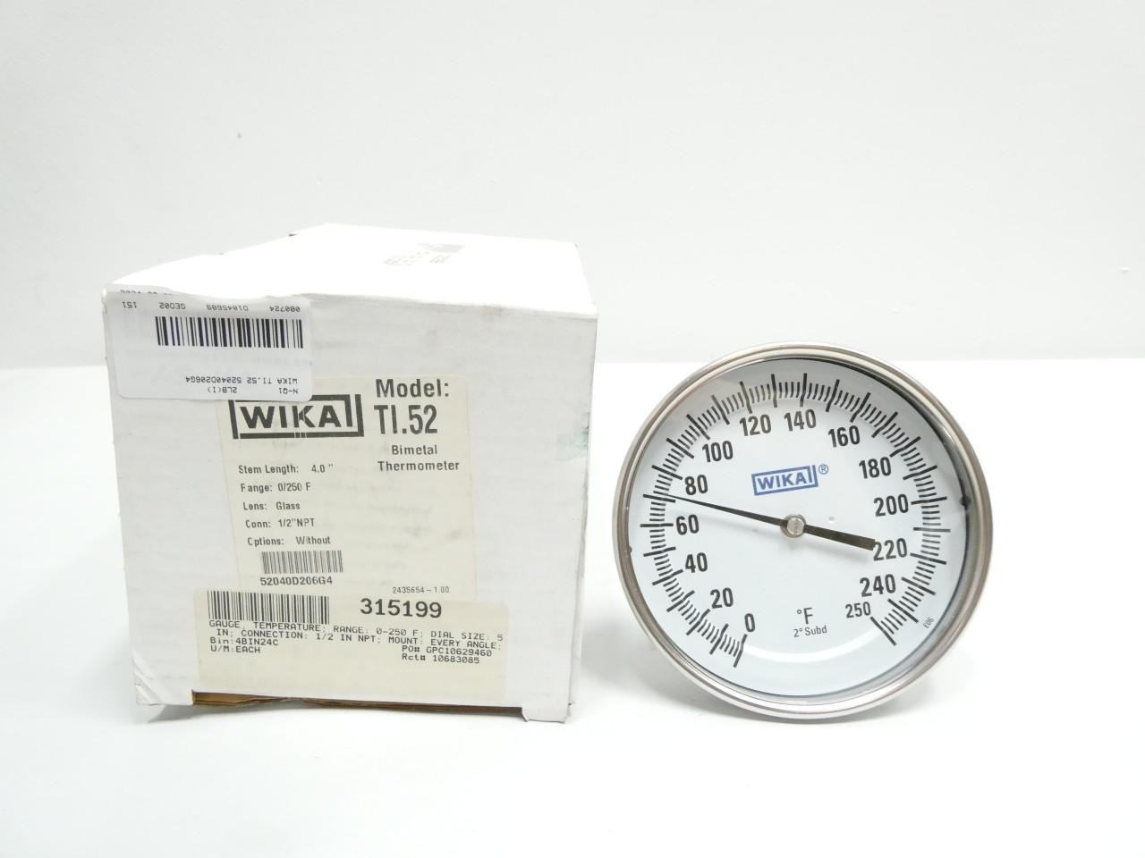 Wika TI.52 52040D206G4 Bimetal Thermometer 5in 1/2in Npt 4in 0-250f