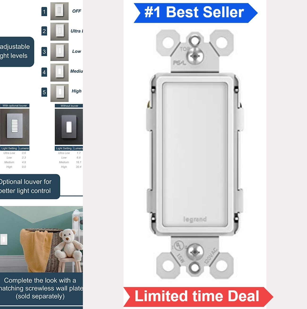 Night Light Outlet 15 Amp LED Five Adjustable Level Decorator Tamper Resistant