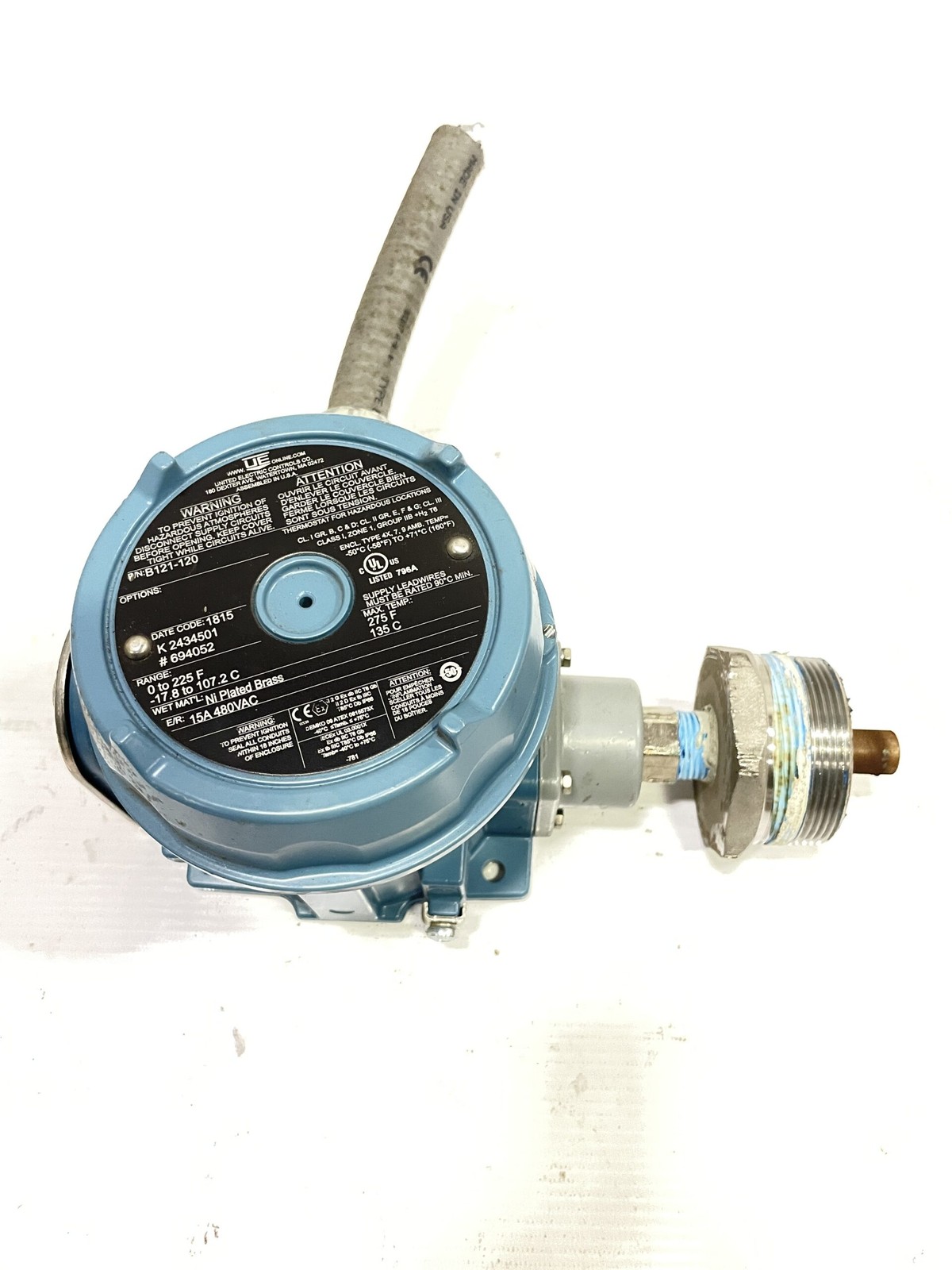 UE United Electric Controls B121-120 Temperature Switch/Sensor 0-225F 275F 480V