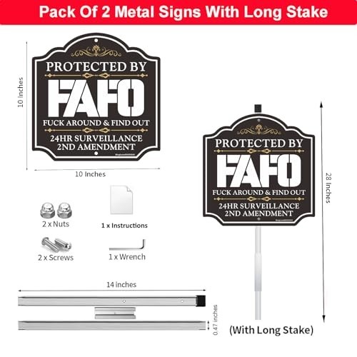 Protected by Security Sign - 2nd Amendment Warning Yard Sign with 28" Stake, Rus