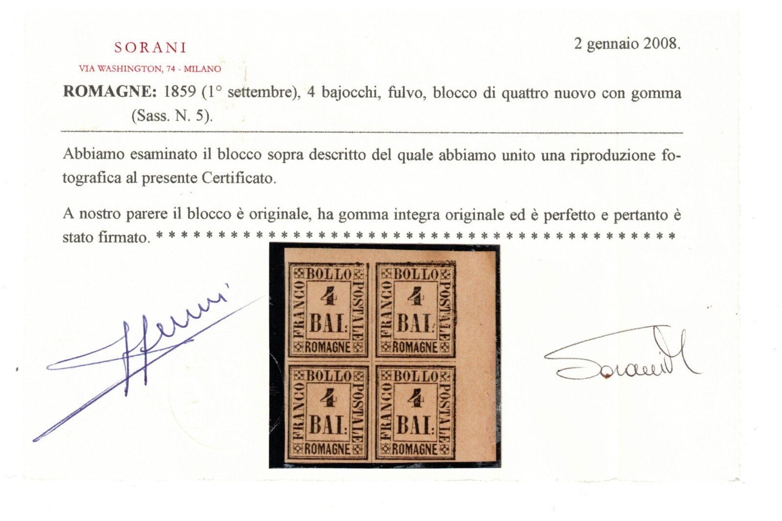 Romagna #5 (Sassone #5) Extra Fine Never Hinged Corner Margin Block *With Cert.*