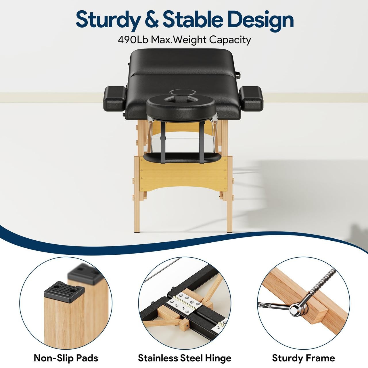 Massage Table Portable Wooden Lash Bed 24" Wide Adjustable Height 2-Fold