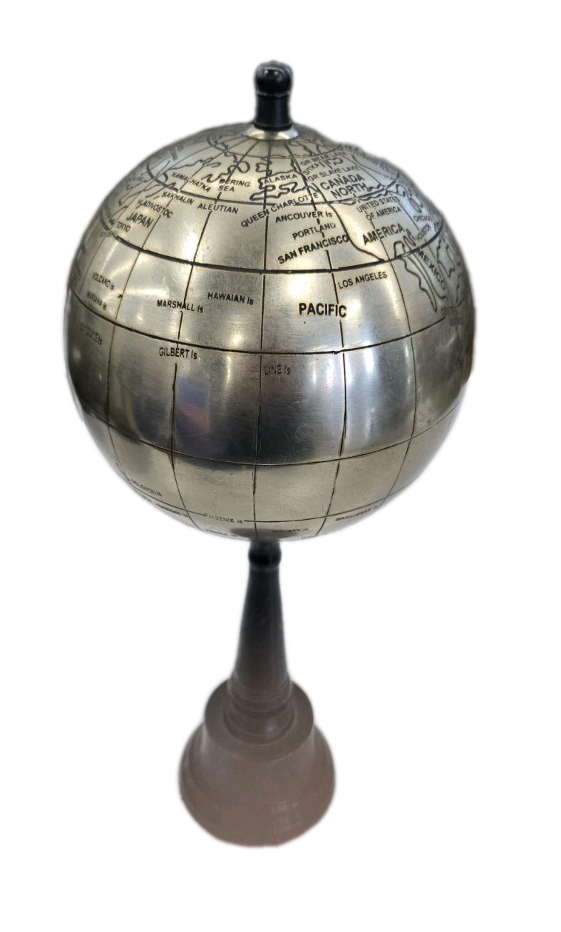 Vintage 14.5" x 5.5" Freestanding India Silver Tone Metal Globe, Dark Metal Base