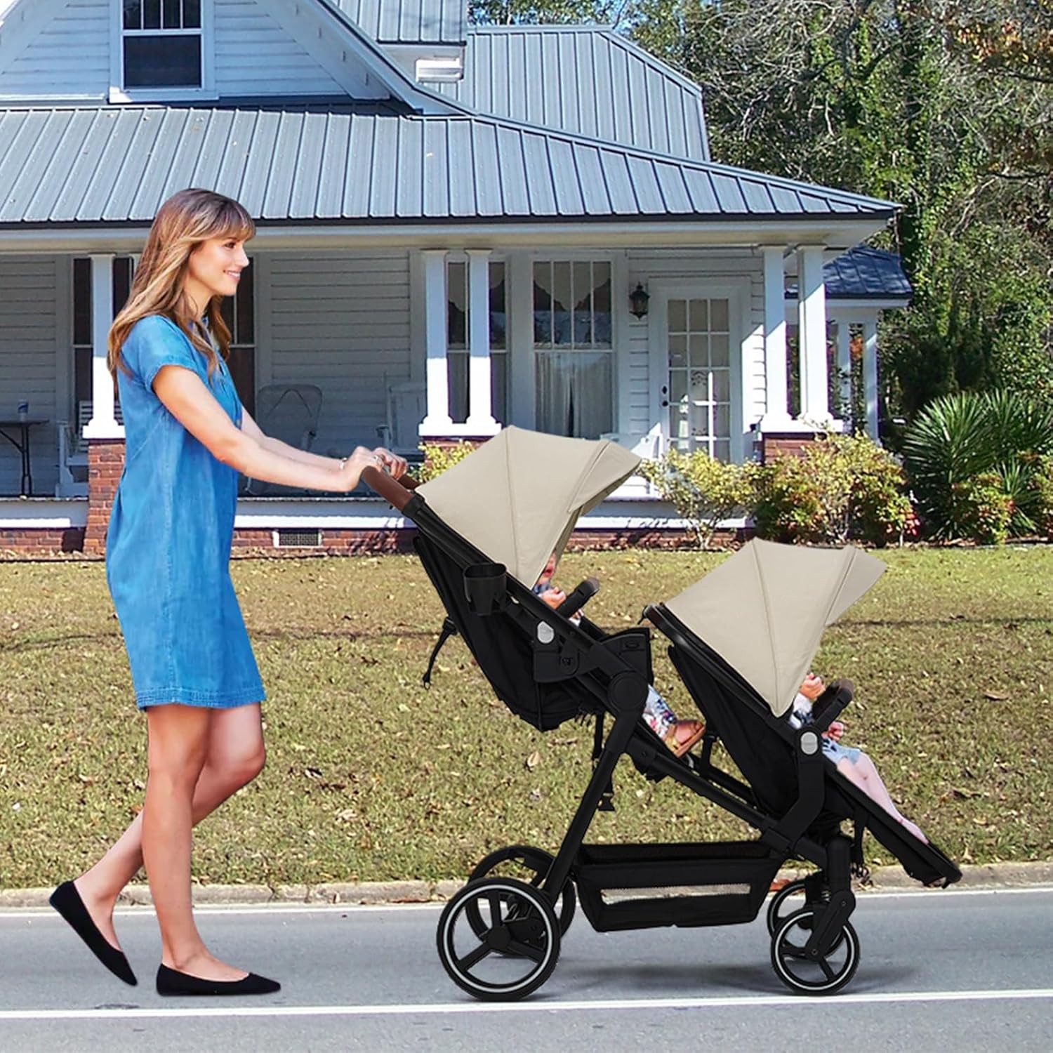 5-Point Harness Double Stroller, Foldable Twin Pushchair Adj Backrest & Basket