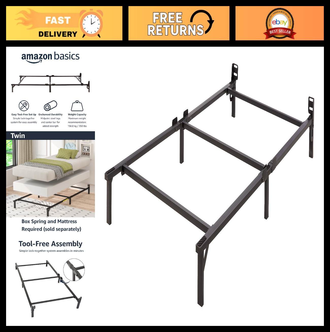 Sturdy Metal Twin Bed Frame - 6-Leg Support, Tool-Free Assembly, Black Finish