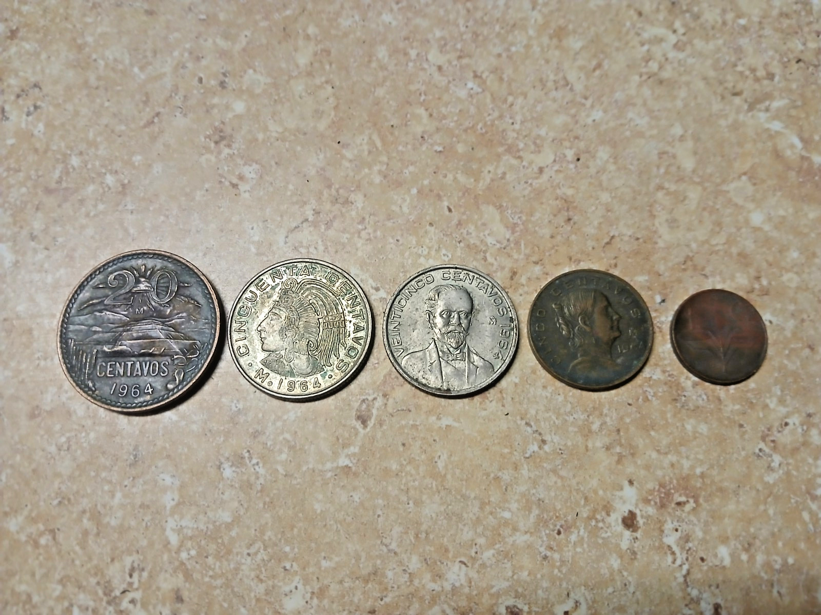 1964 Mexican Mint Set Coins Uncirculated 1, 5, 20, 25, and 50 Centavos