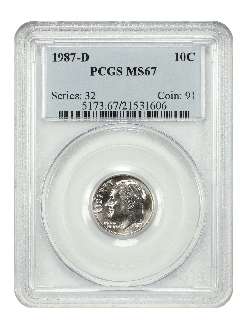 1987-D PCGS Roosevelt Dime MS67 MS-67 - Hard to find