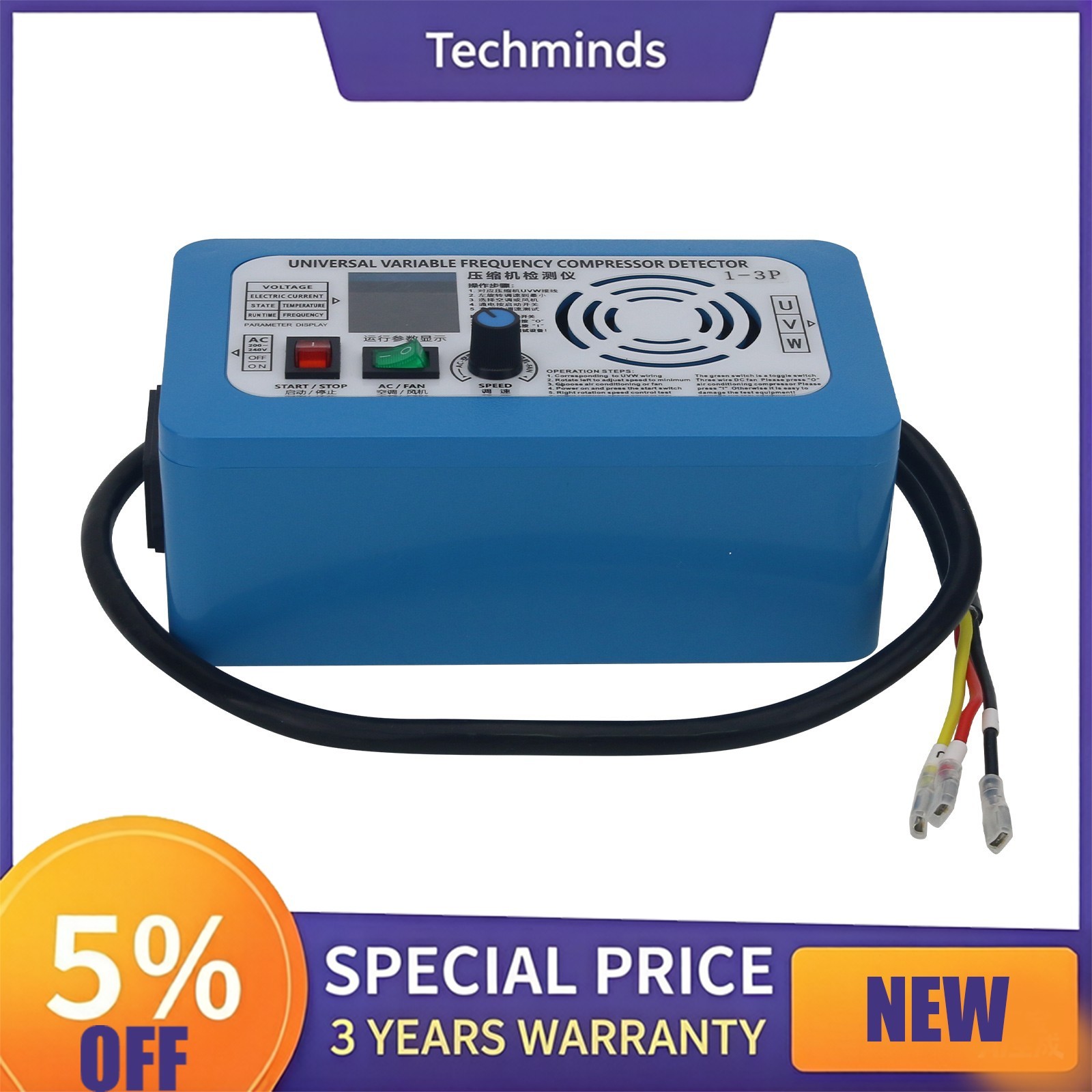 1-3/4/5HP AC Frequency Conversion Air Compressor Detector AC200-240V ColorScreen