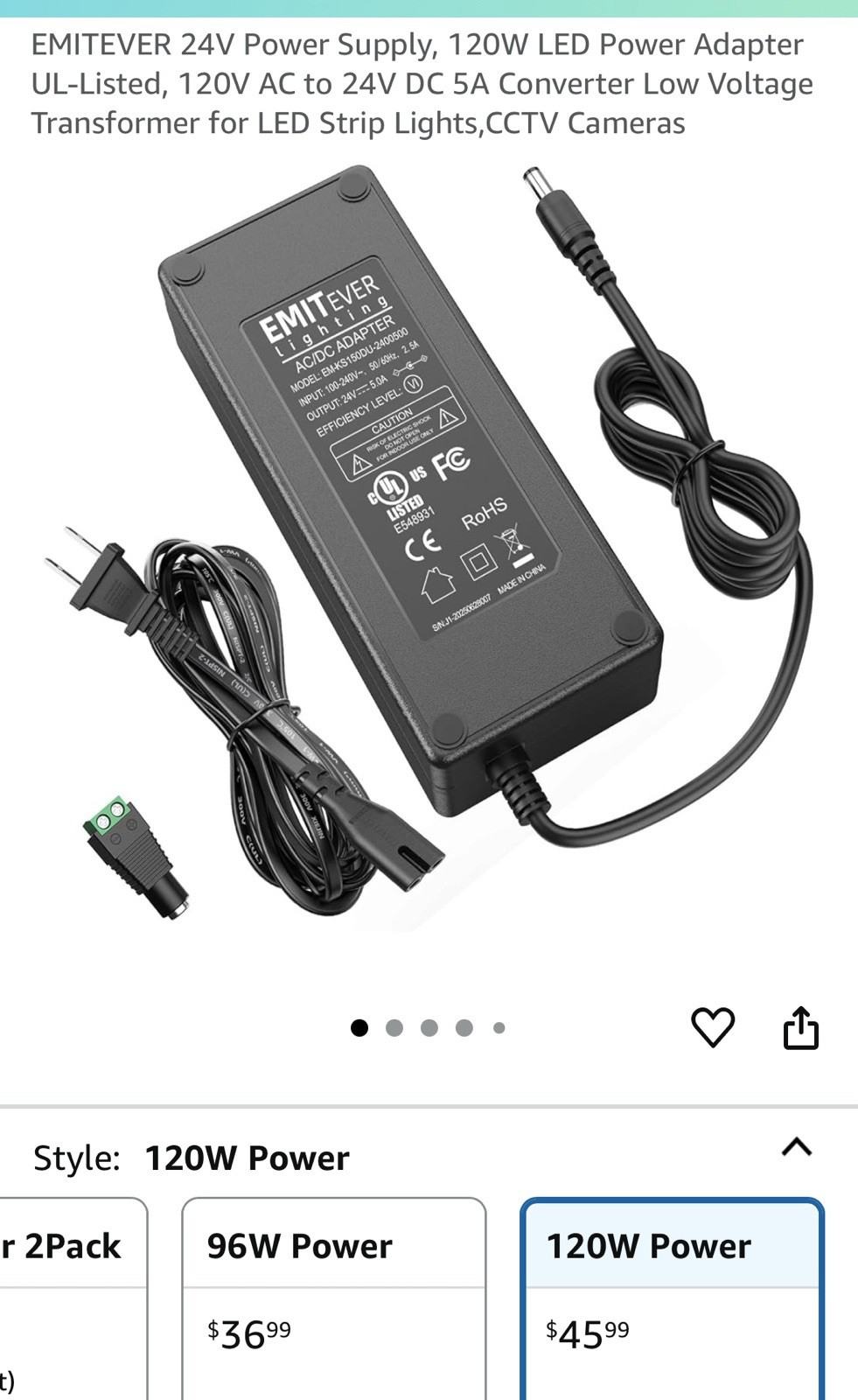 EMITEVER 24V Power Supply 120W LED Power Adapter 120V AC to 24V DC 5A 120W