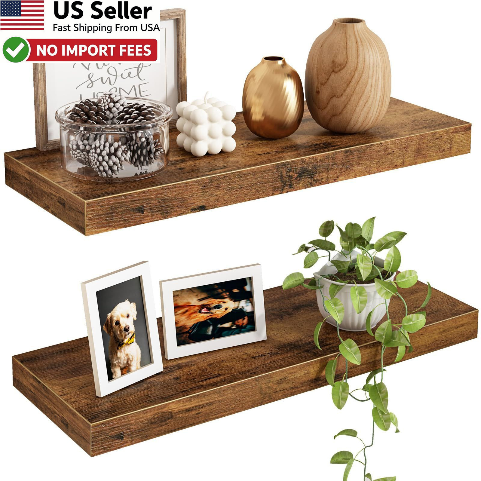 Fixwal 15.7" Wall Shelves Set of 2 Rustic Wood Floating Shelf Decor FROM USA